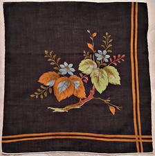 VINTAGE FLORAL ART BLACK ORANGE COTTON 11.5" HANDKERCHIEF