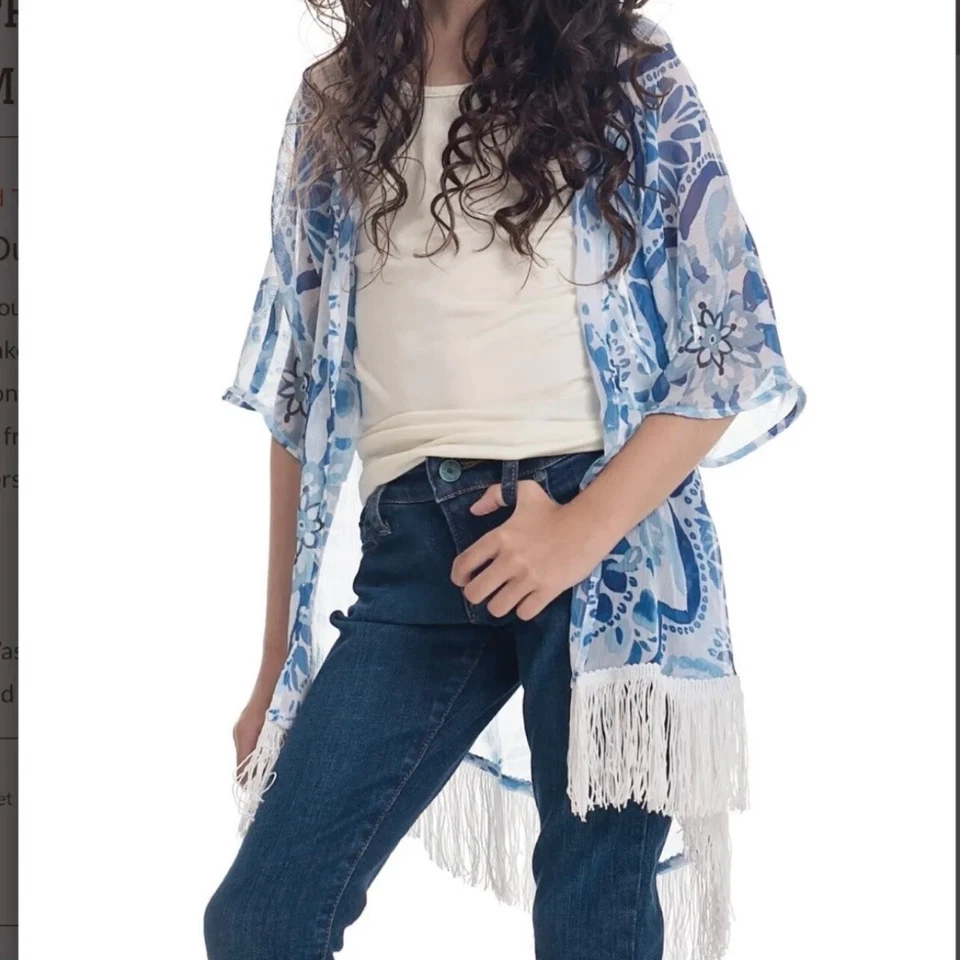 Kimono Persnickety Sabrina franja azul/branco para meninas tamanho 4T - Imagem 2 de 4