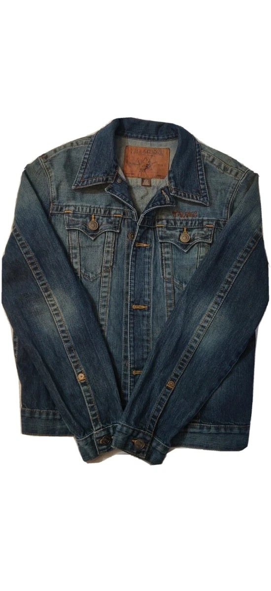 Mens True Religion MC Danny Slim Fit Denim Jacket W Leather Embroidery Small