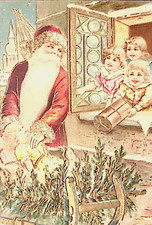 1907 TUCK Christmas Postcard Santa Gold Trim Suit Greets Children in Window Toys