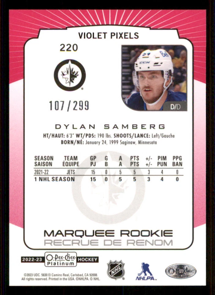 2022-23 O-Pee-Chee Platinum Violet Pixels #220 Dylan Samberg /299 - Image 2 of 2