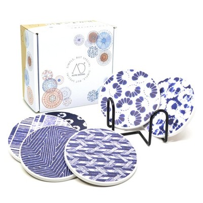 6 Ceramic Stone Drink Coasters with Cork Base, Absorbent Round, Different Patter
