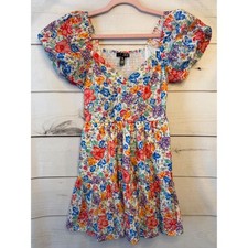 AQUA Women Floral Puff Sleeve Tiered Mini Dress Smocked Back XS Multi Color