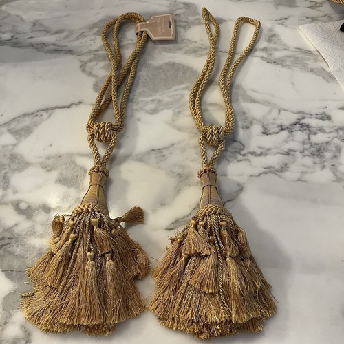 2 Lavish Large Curtain & Drapery Hand Crafted Tassel Tiebacks 18" Rope 9" Gold - Picture 2 of 8