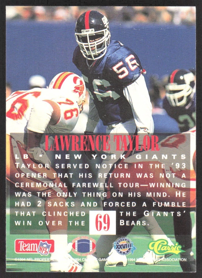 LAWRENCE TAYLOR 1994 CLASSIC NFL EXPERIENCE #69 NEW YORK GIANTS - Image 2 of 3
