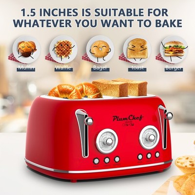 4 Slice Retro Toaster Stainless Steel Red | Wide Slot Bagel Defrost 1650W