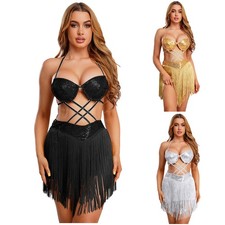Womens Belly Dance Dress Glittery Sequin Tiered Tassel Strappy Halter Pushup Bra
