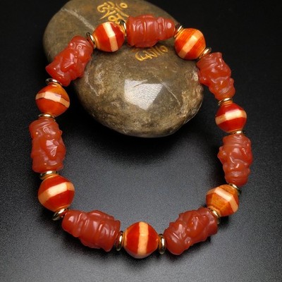 Tibetan Natural Red Old Agate dZi Carved God of Weal Beads Amulet Bracelet K0417