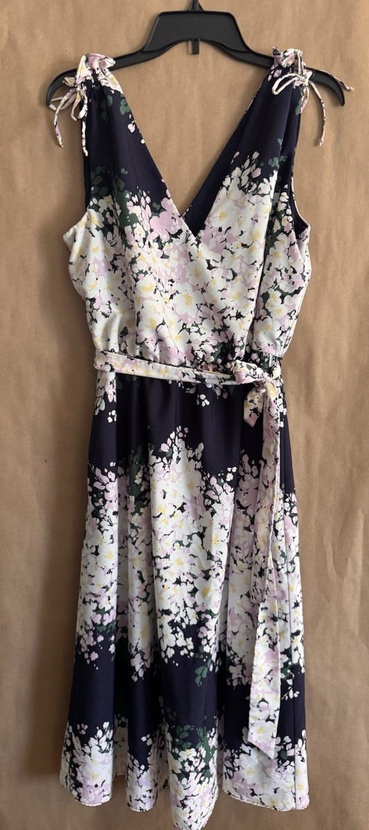 Vince Camuto Summer Dress Blue Floral Lined Tie Waist Double V-Neck Size 12  | eBay