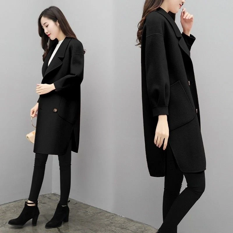 Abrigo de lana morado para mujer manga linterna de longitud media Foto 2 de 4