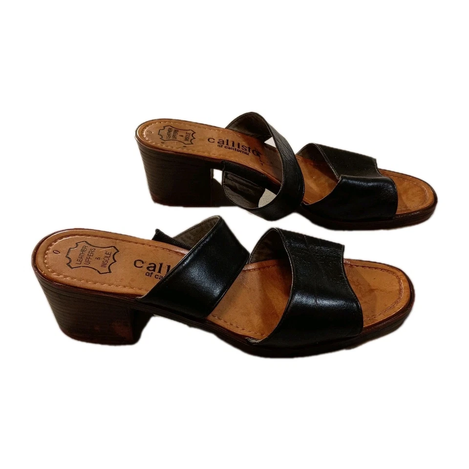 Callisto of California 2 英寸高跟鞋女式 10 黑色皮革懒人凉鞋厚底 — 第 3/4 张图片