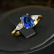 3.35 Ct Oval Cut Blue Sapphire Diamond Wedding Ring 14K Solid Yellow Gold
