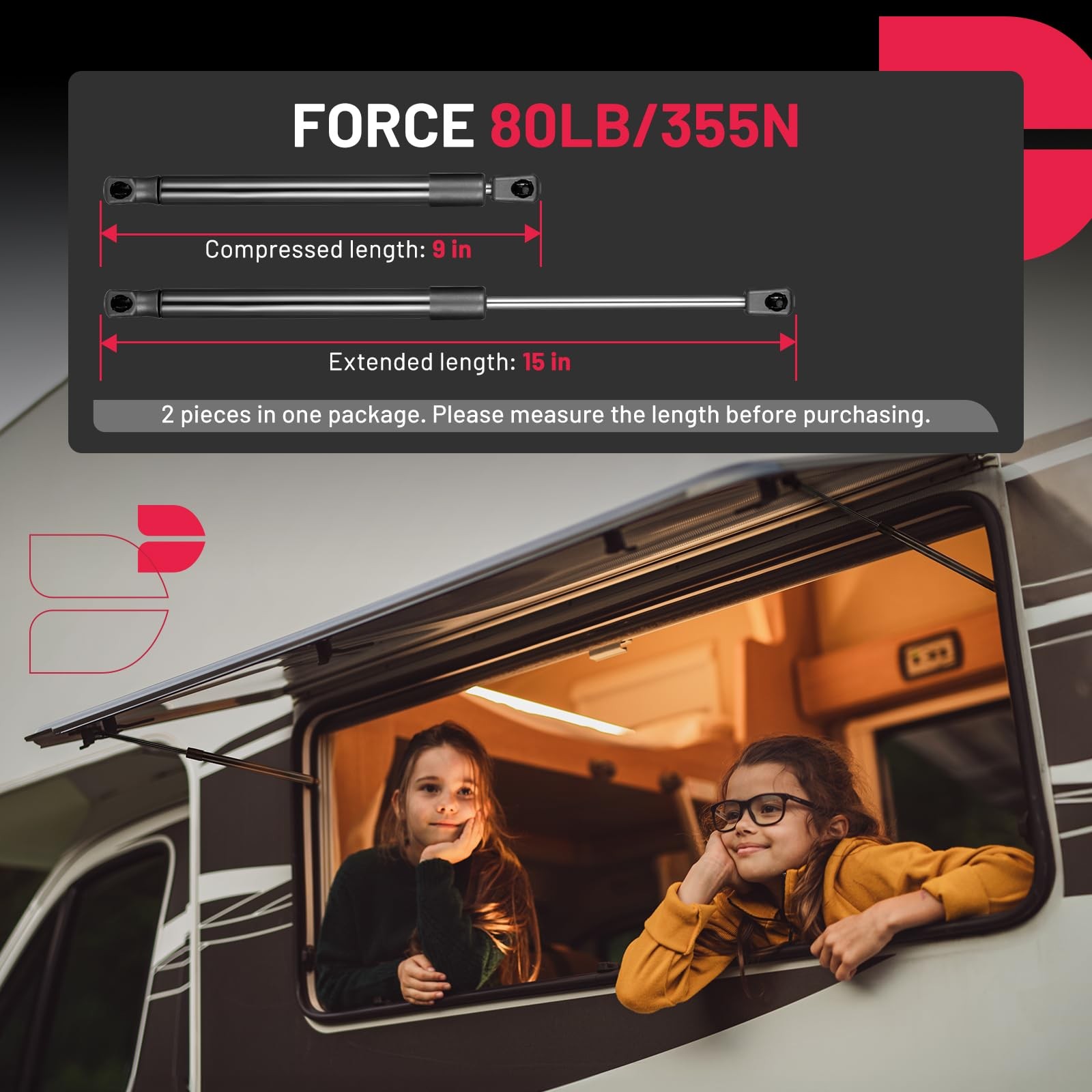 Pair 15" 80Lb 356N Gas Strut Support For Camper Shell Topper Rear Window 8195625