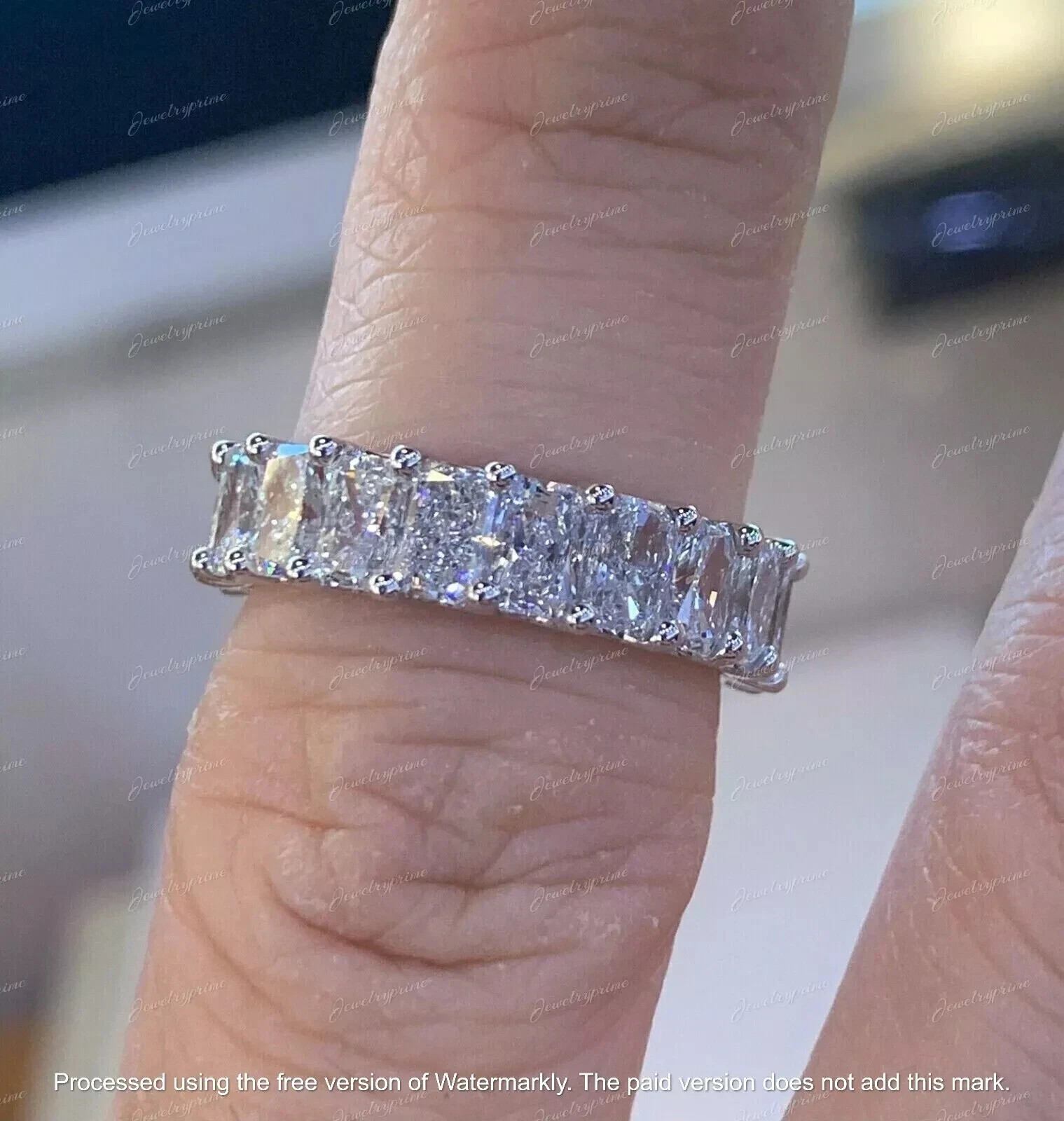3Ct Radiant Cut Lab Created Eternity Band Ring 14K White Gold Plated Silver