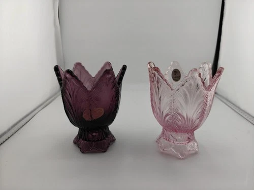 Fenton Purple Pink Tulip Votive Candle Holders Set 4" Feather Plume w/ Sticker