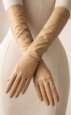 Vintage French Kid Leather Opera Gloves Silk Lined Tan 14  Long Sz 6.5 w/ Packag
