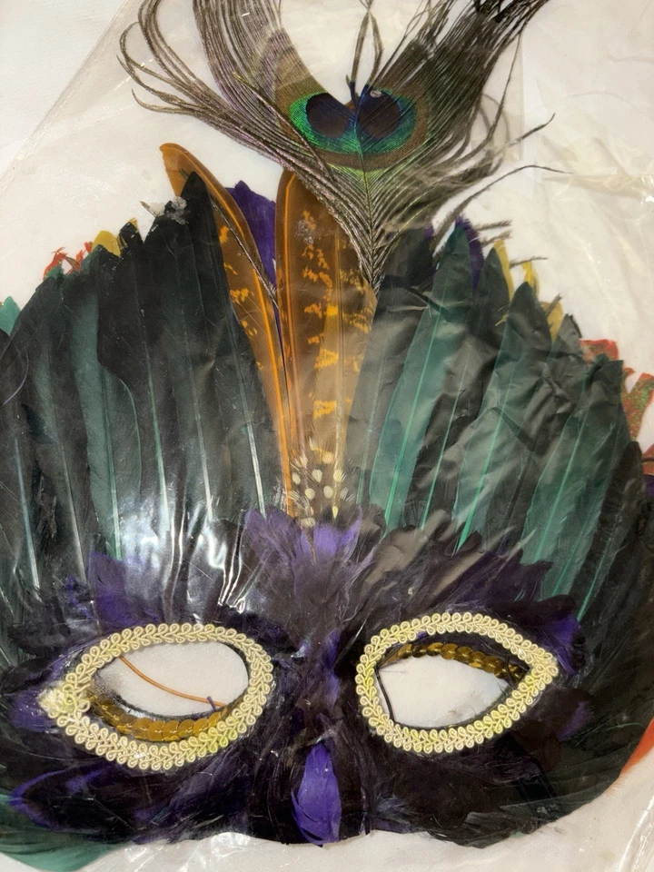 Máscara de ojos temática de mascarada de pavo real con plumas de colores frontales negros Foto 2 de 3