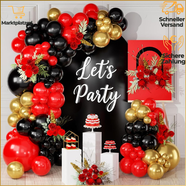 Luftballons Schwarz Gold Rot 113 StüCk Latex Girlande FüR Geburtstag Hochzeit-image