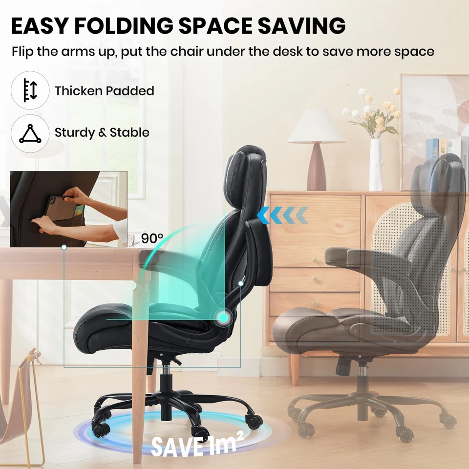 Silla de oficina grande y alta de cuero 500 lb silla giratoria ergonómica de alta resistencia negra Foto 4 de 4