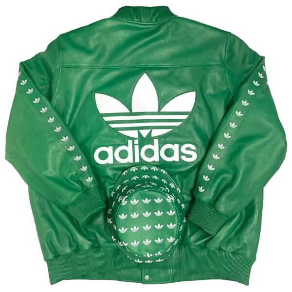 Adidas Green Leather Tracksuit Set Jacket Pants & Hat Trefoil Logo Streetwear - Image 3 of 4