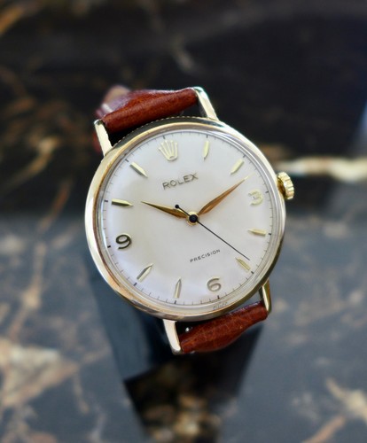 A STUNNING VINTAGE 1958 GENTS ROLEX PRECISION "COIN EDGE" EXPLORER DIAL 9k GOLD