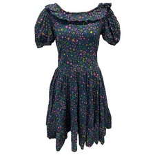 80s Handmade Floral Print Neon Cotton Puff Sleeve Full Skirt Midi Tea Dress S