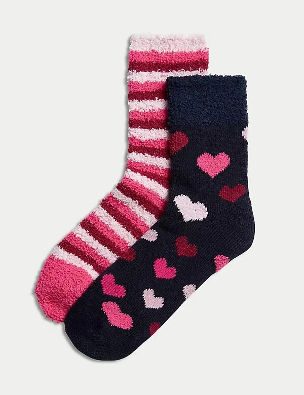Marks & Spencer TWO Pairs Recycled Thermal Cosy Heart & Striped Socks Size 6-8