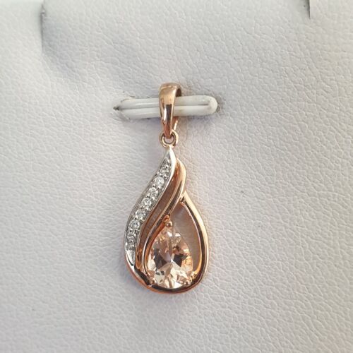 9ct Rose Gold Pear Cut Morganite and 6 Diamond Pendant *VIDEO* As New Condition - Picture 17 of 23