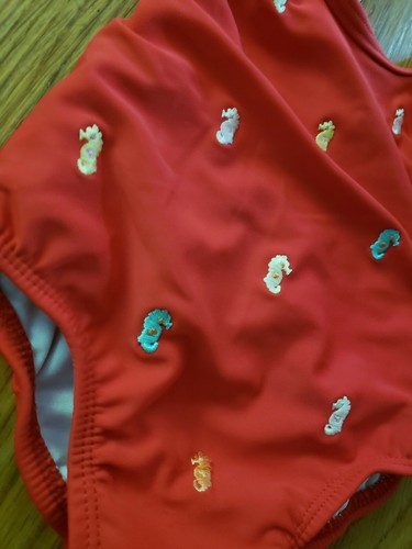 CARTERS Girls 1-pc Ruffled SEAHORSE Swim Bathing SUIT 12 months Red Infant Baby - Picture 3 of 4