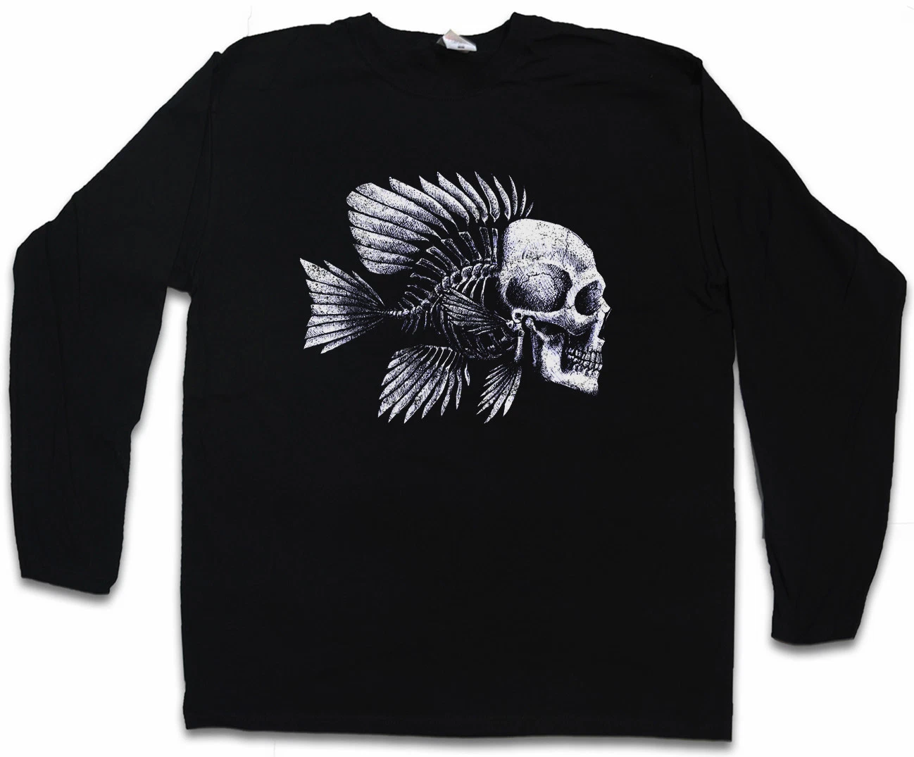 FISH SKULL LONG SLEEVE T-SHIRT Fishing Fisher Rod Pole Bone River and Line