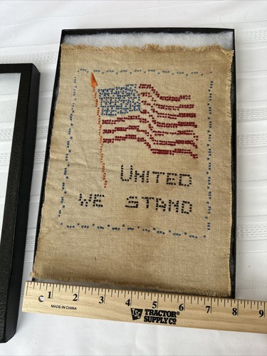 Primitive FLAG Sampler Cross Stitch United We Stand In Box With Glass Display - Picture 10 of 13