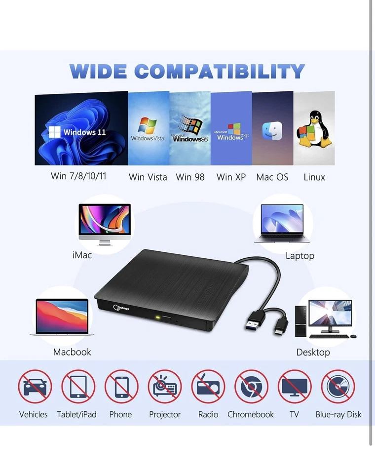 External CD DVD Drive USB 3.0 Writer Burner Player for PC Laptop + 10 Discs &Bag - Image 3 of 4