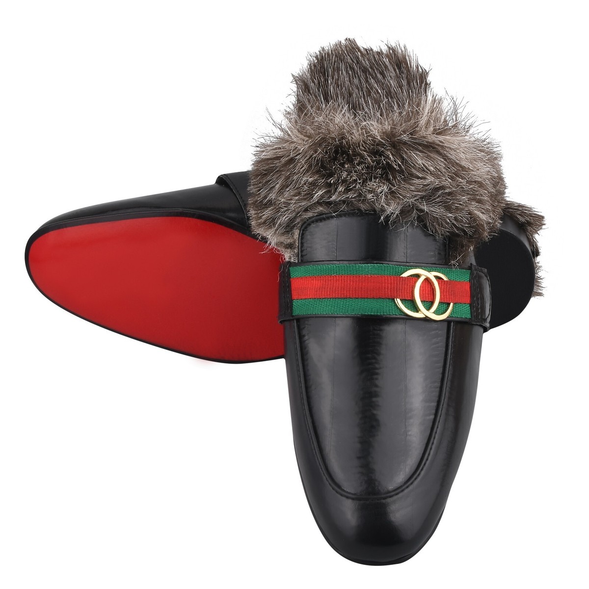 Mens Winter Slip on Mules Manmade Leather EEL Print Fur  display picture 3