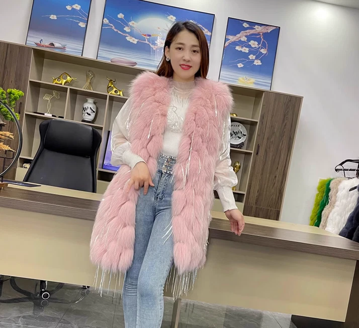 Fox Fur Vest Tassel Fashion Womens Long Furry Gilet Waistcoats Sleeveless Coats - Image 4 of 4