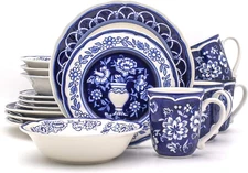 Euro Ceramica Blue Garden 16 Piece Oven Safe Hand Painted Stoneware Dinnerware S