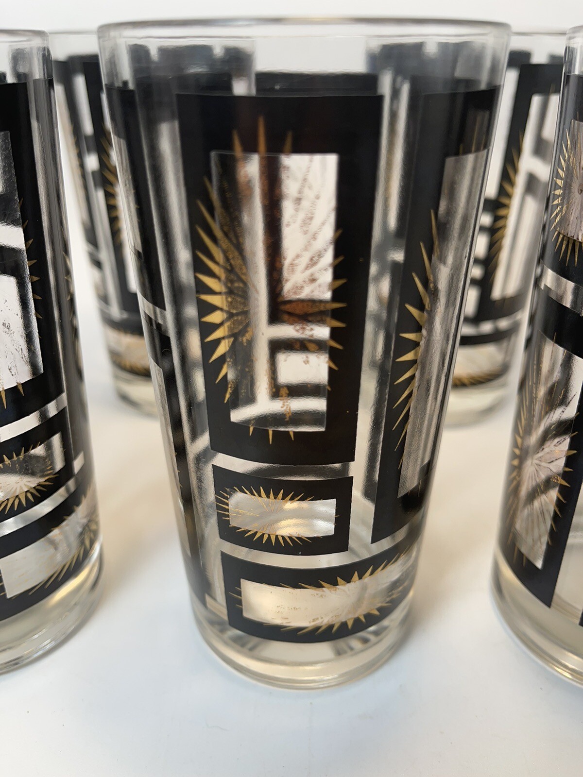 Mid-Century Tall Glass Tumblers Black and Gold Atomic Starburst Set of 5