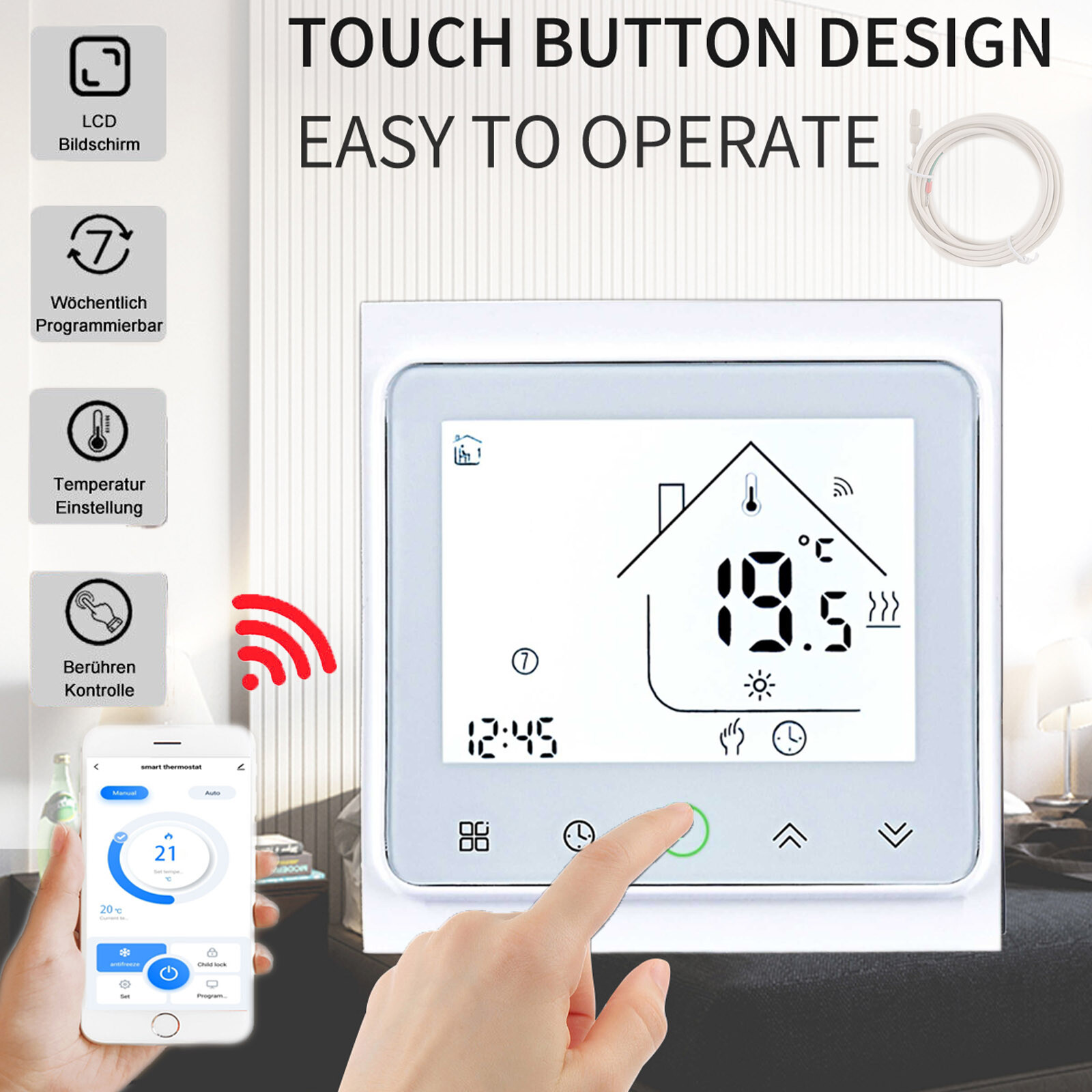 Programmierbares Raumthermostat Digital - Für Heizung & Fußbodenheizung, 230V, LCD Display