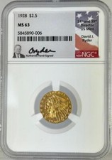 Indien or 2,5 $ 1928 NGC MS63 ** signé David Ryder **