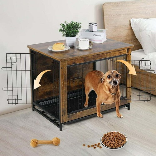 Dog Crate Furniture End Table Wooden Dog Cage Dog Kennel Indoor W/ Tray & Doors - Picture 13 of 25