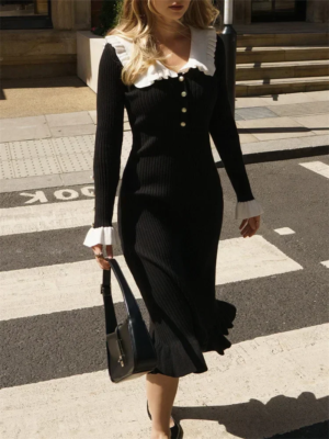 S M L Ruffled Patchwork Knit Maxi Dress Elegant Ribbed Long Sleeve Women's  Wear
