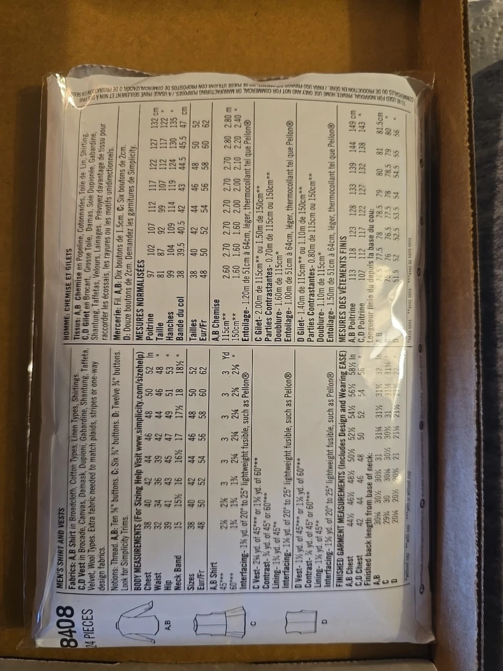 Simplicity Pattern - Mens Costume Shirt & Vest Uncut S8408 - Sizes 46-52 - Image 2 of 2