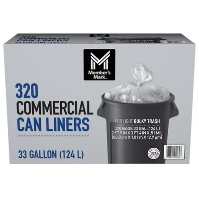 Member's Mark 33 Gallon Commercial Can Liners 320 ct free shipping