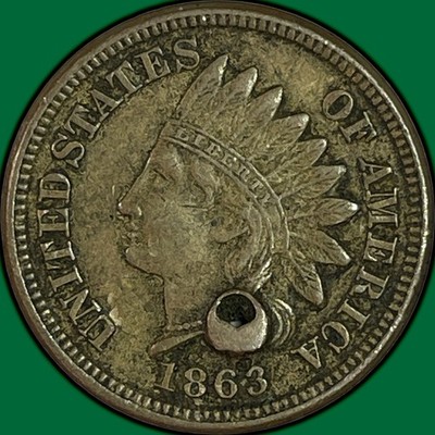 1863 Indian Head Cent Extremely Fine XF Coin, Holed #45436