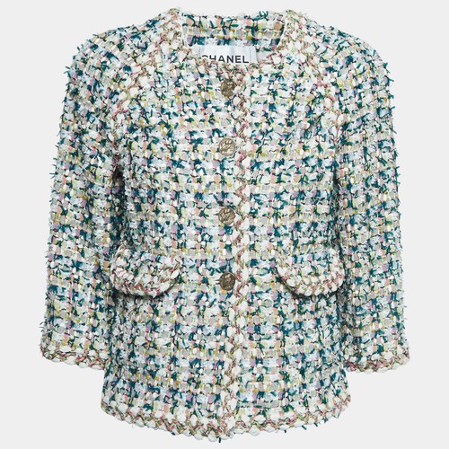 Chanel 18C Rare Fantasy Tweed Jacket Pink Blue Green White Gold CC Logo Buttons
