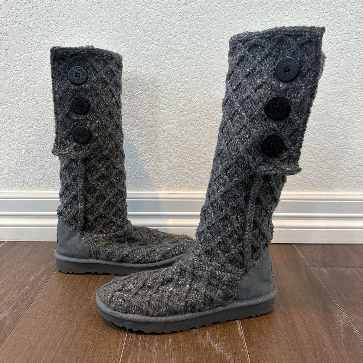 UGG Women's Cardy Boot Size Lattice Knit Tall Pull On Gray