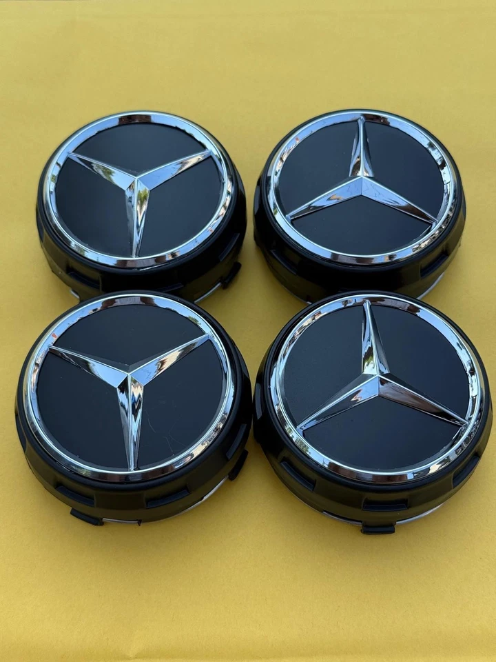 Set of 4 Mercedes Benz Matte Black/Black outlined Center Caps 2.95 Inch/75mm Foto 4 de 4