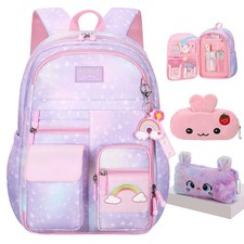 Girls Rainbow School Backpack for Elementary,Kawaii Bookbag 17.5in