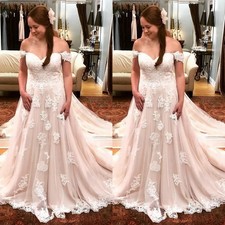 Elegant Wedding Dresses Off The Shoulder Lace Applique Sweep Train Bridal Gown