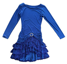 DANCE AMERICA Latin Ballroom Dress Blue Fringe Ruffle Salsa Tango Size S USA