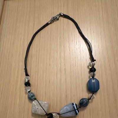 Blue Black Clear Gray Beaded Cord Statement Necklace Adjustable Lobster Clasp